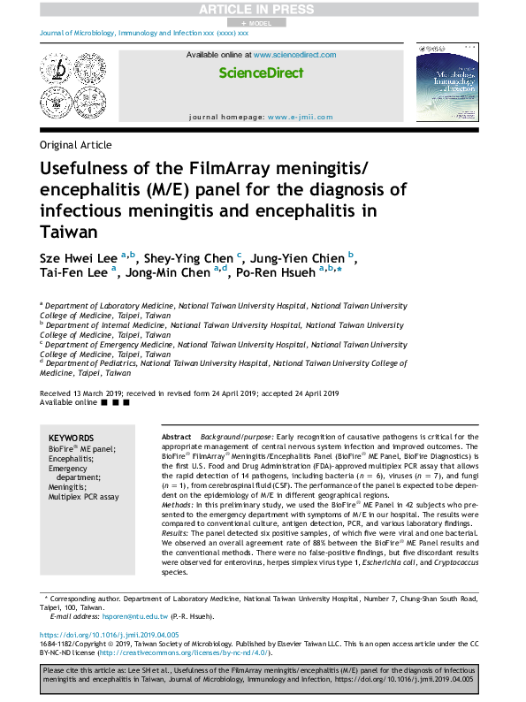 (PDF) Usefulness of the FilmArray meningitis/encephalitis (M/E) panel ...