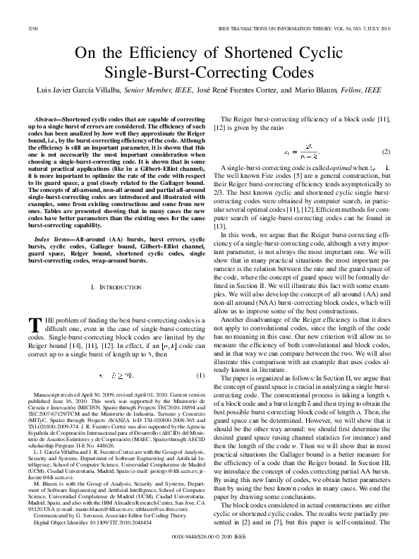 (PDF) On the Efficiency of Shortened Cyclic Single-Burst-Correcting Codes