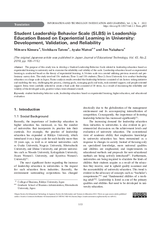 (PDF) Student Leadership Behavior Scale (SLBS) in Leadership Education ...