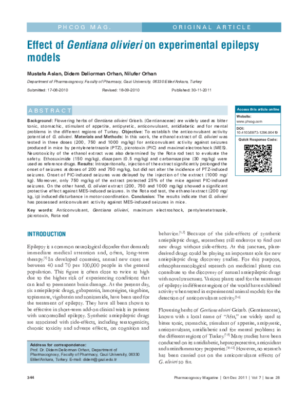 (PDF) Effect of Gentiana olivieri on experimental epilepsy models
