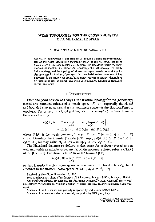 (PDF) Weak Topologies for the Closed Subsets of a Metrizable Space