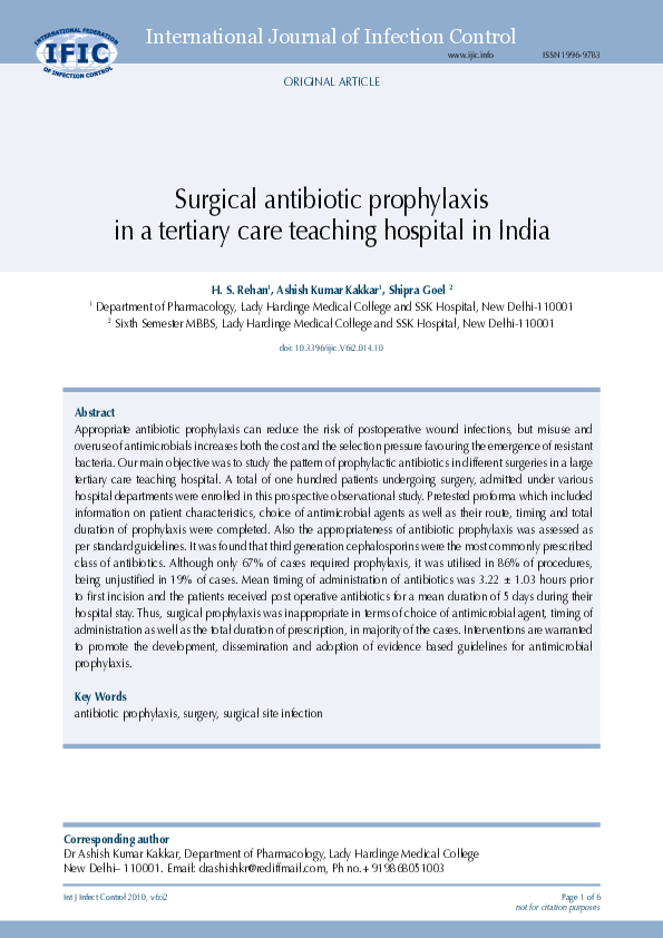(PDF) Pattern of surgical antibiotic prophylaxis in a tertiary care ...