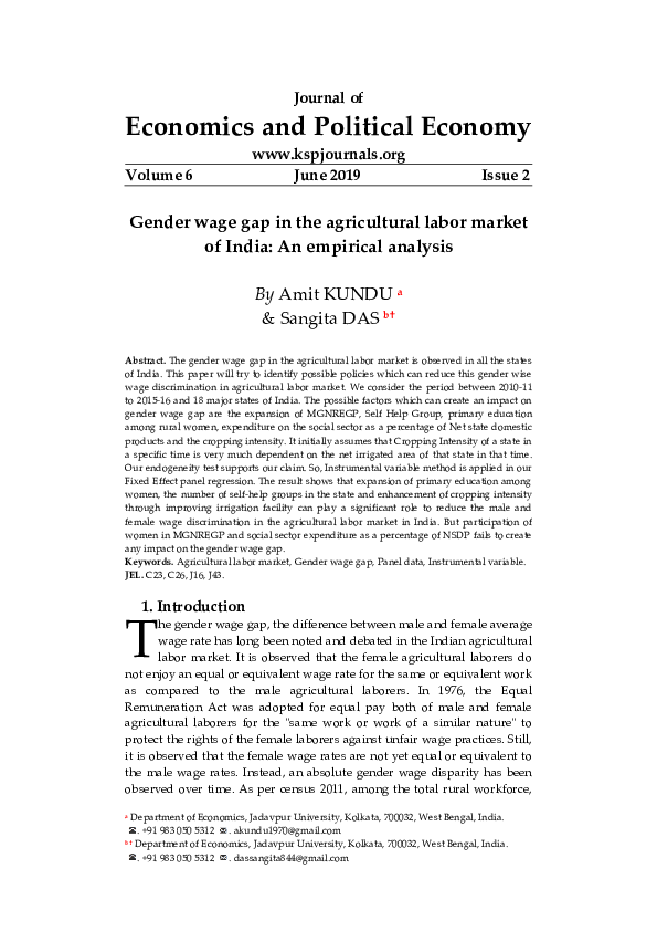 (PDF) Gender Wage Gap in The Agricultural Labor Market of India: An ...