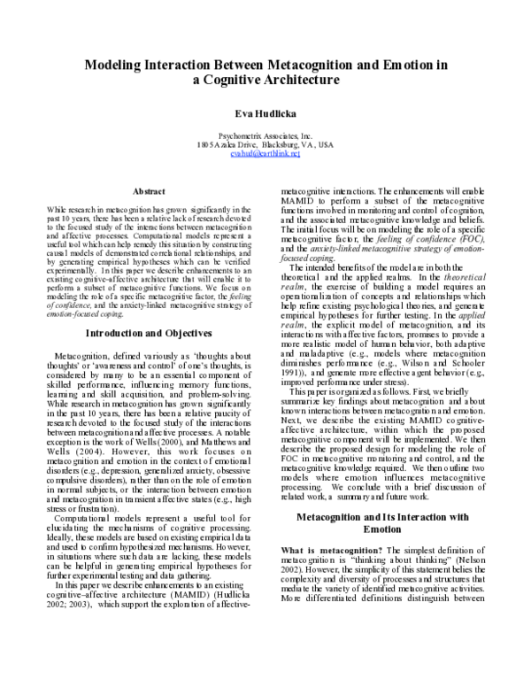 (PDF) Modeling interactions between metacognition and emotion in a ...