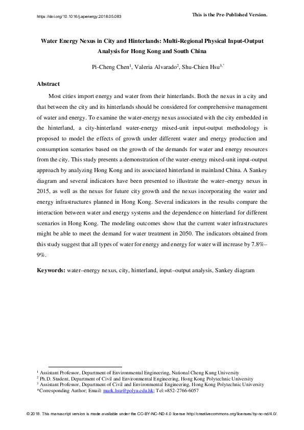 (PDF) Water energy nexus in city and hinterlands: Multi-regional