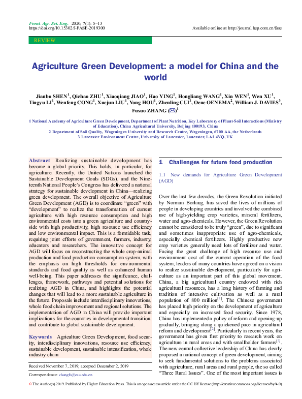 (PDF) Agriculture Green Development: a model for China and the world