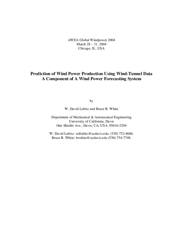 (PDF) Prediction of Wind Power Production Using Wind-Tunnel Data A ...
