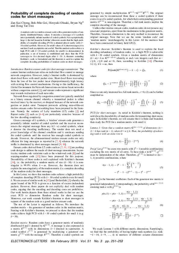 (PDF) Probability of complete decoding of random codes for short messages