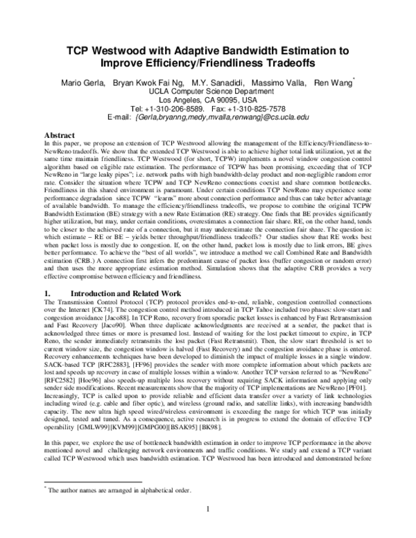(PDF) TCP Westwood with adaptive bandwidth estimation to improve ...
