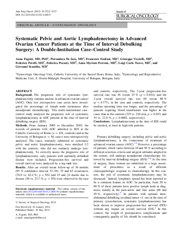 (PDF) Systematic Pelvic and Aortic Lymphadenectomy in Advanced Ovarian ...