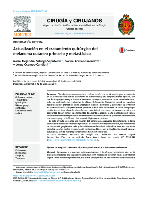 (PDF) Actualización en el tratamiento quirúrgico del melanoma cutáneo ...