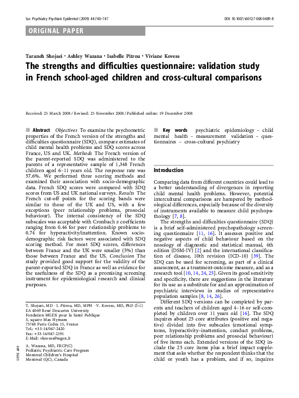 (PDF) The strengths and difficulties questionnaire: validation study in ...