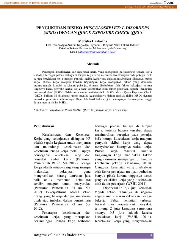 (PDF) Pengukuran Risiko Musculoskeletal Disorders (MSDS) Dengan Quick ...