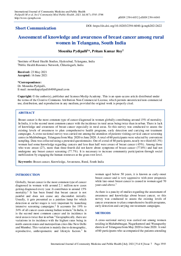 (PDF) Assessment of knowledge and awareness of breast cancer among ...