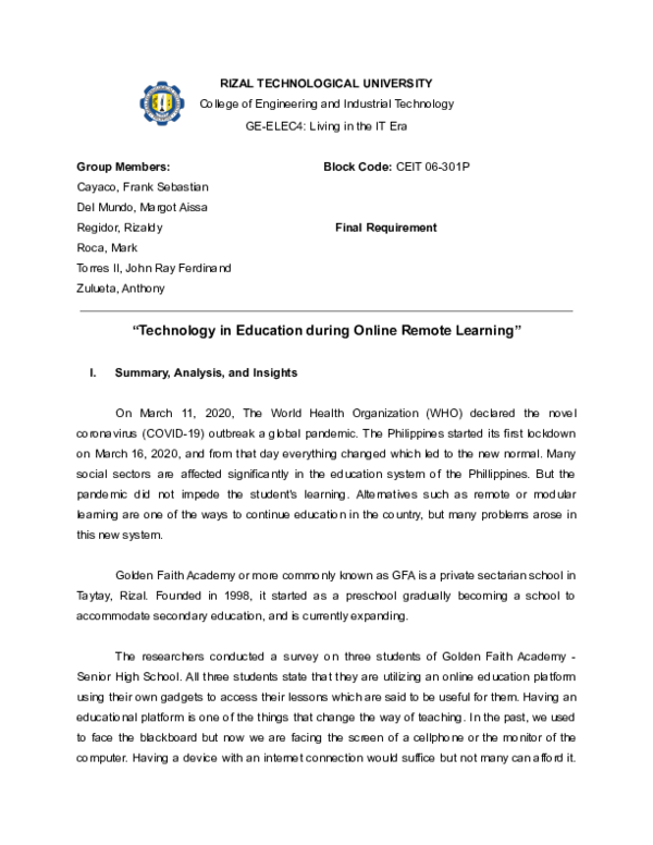 (PDF) Technology in Education during Online Remote Learning