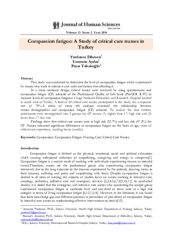 (PDF) Compassion fatigue: A Study of critical care nurses in Turkey