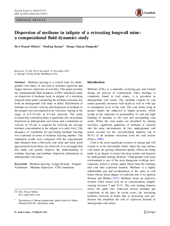 (PDF) Dispersion of methane in tailgate of a retreating longwall mine ...