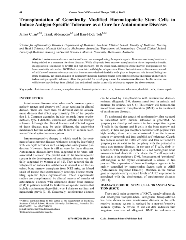 (PDF) Transplantation of Genetically Modified Haematopoietic Stem Cells ...