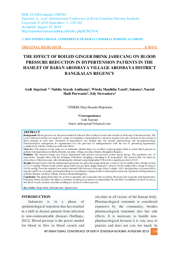(PDF) The Effect of Boiled Ginger Drink Jahecang on Blood Pressure ...