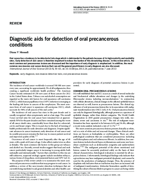 (PDF) Diagnostic aids for detection of oral precancerous conditions