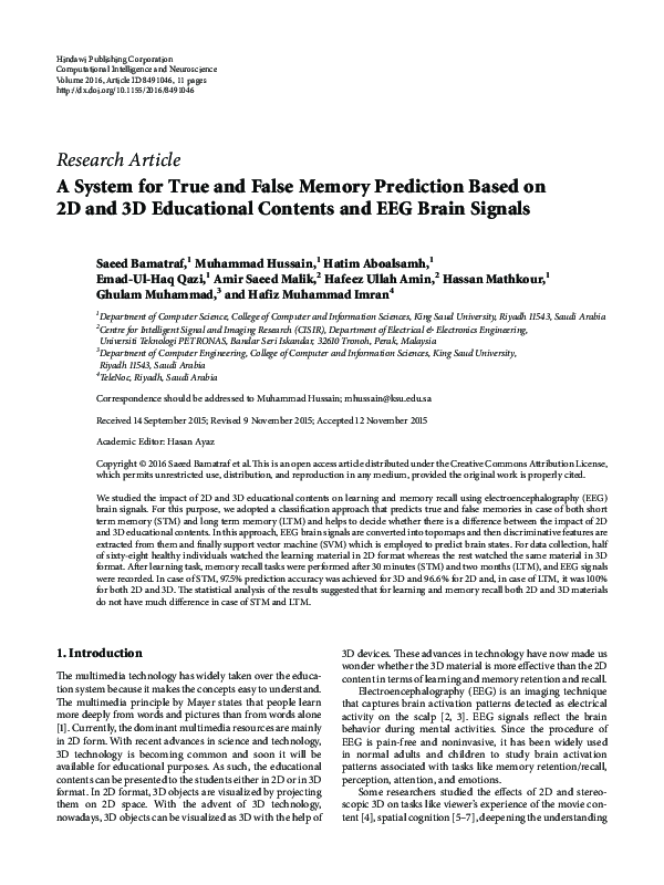 (PDF) A System for True and False Memory Prediction Based on 2D and 3D ...