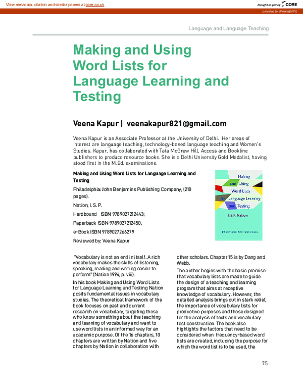 (PDF) Making and Using Word Lists for Language Learning and Testing