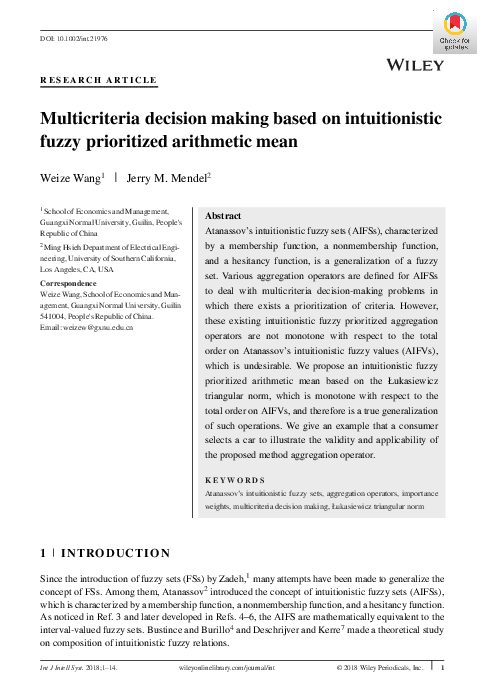 (PDF) Multicriteria decision making based on intuitionistic fuzzy ...