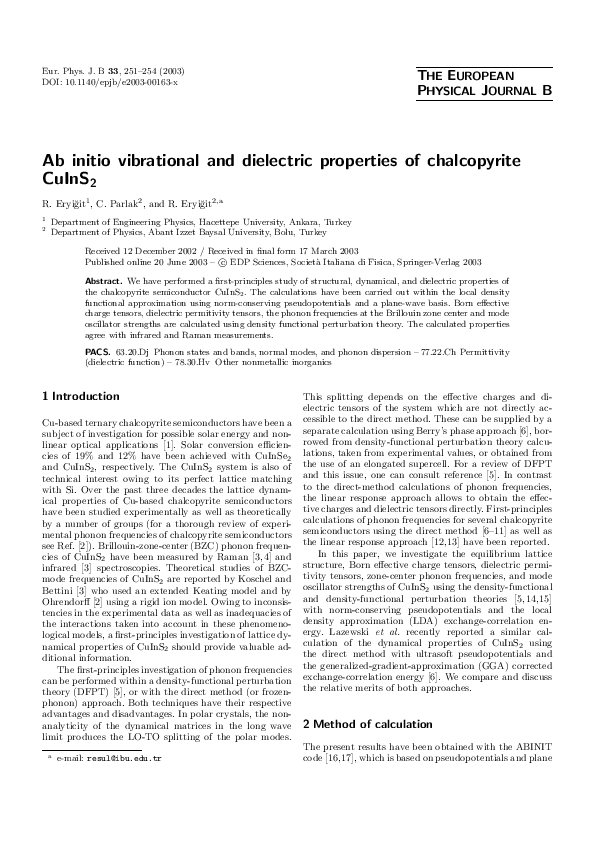 (PDF) Ab initio vibrational and dielectric properties of chalcopyrite ...