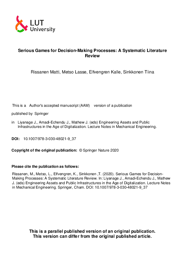 (PDF) Serious Games for Decision-Making Processes: A Systematic ...