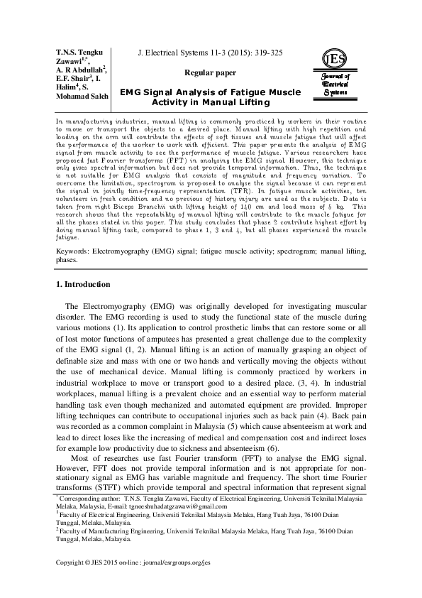 (PDF) EMG Signal Analysis Of Fatigue Muscle Activity In Manual Lifting