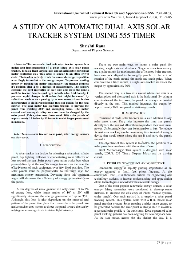 (PDF) A Study on Automatic Dual Axis Solar Tracker System Using 555 Timer