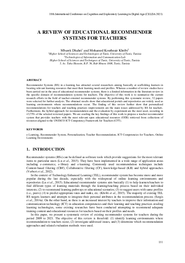 (PDF) A Review of Educational Recommender Systems for Teachers