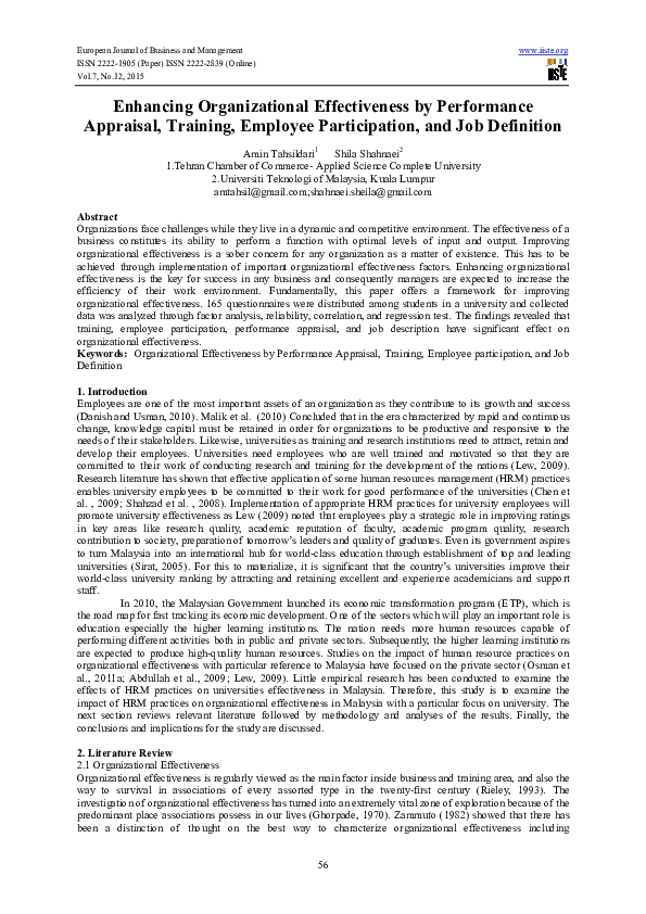 (PDF) Enhancing Organizational Effectiveness by Performance Appraisal