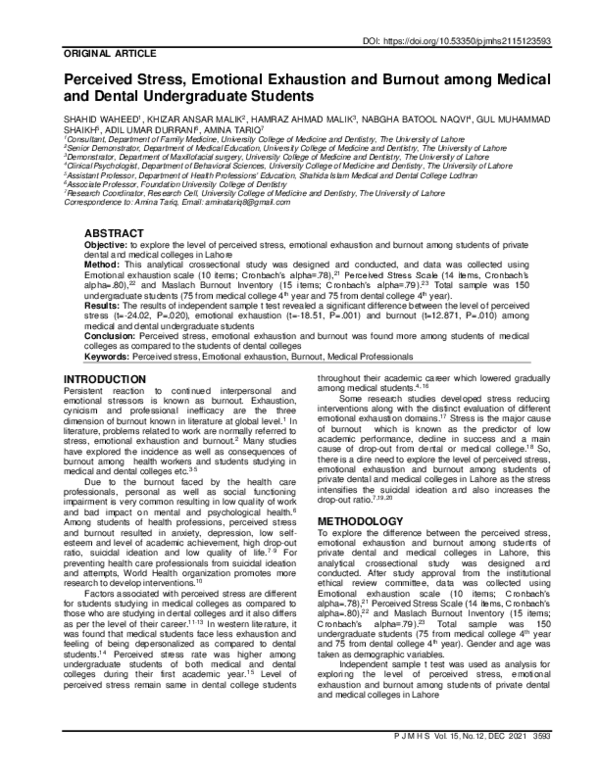(PDF) Perceived Stress, Emotional Exhaustion and Burnout among Medical ...