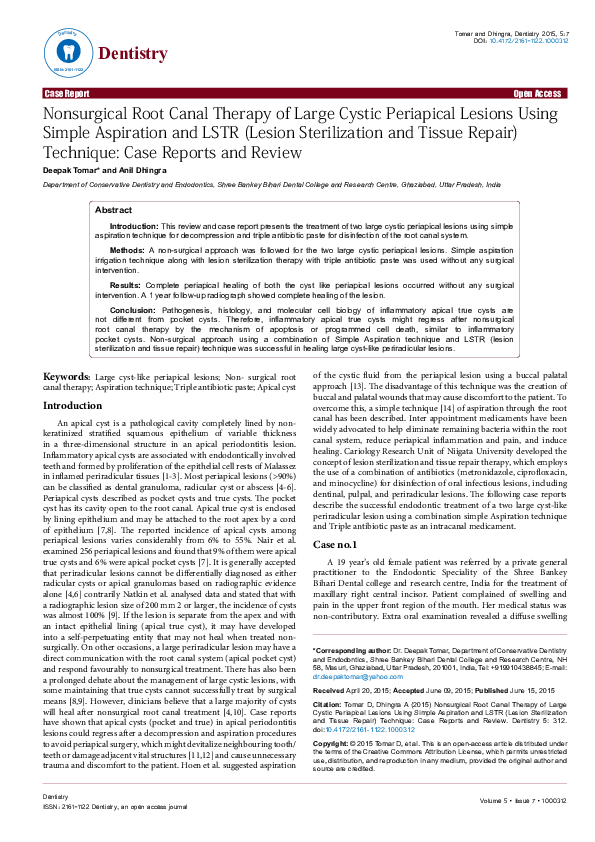 (PDF) Nonsurgical Root Canal Therapy of Large Cystic Periapical Lesions ...