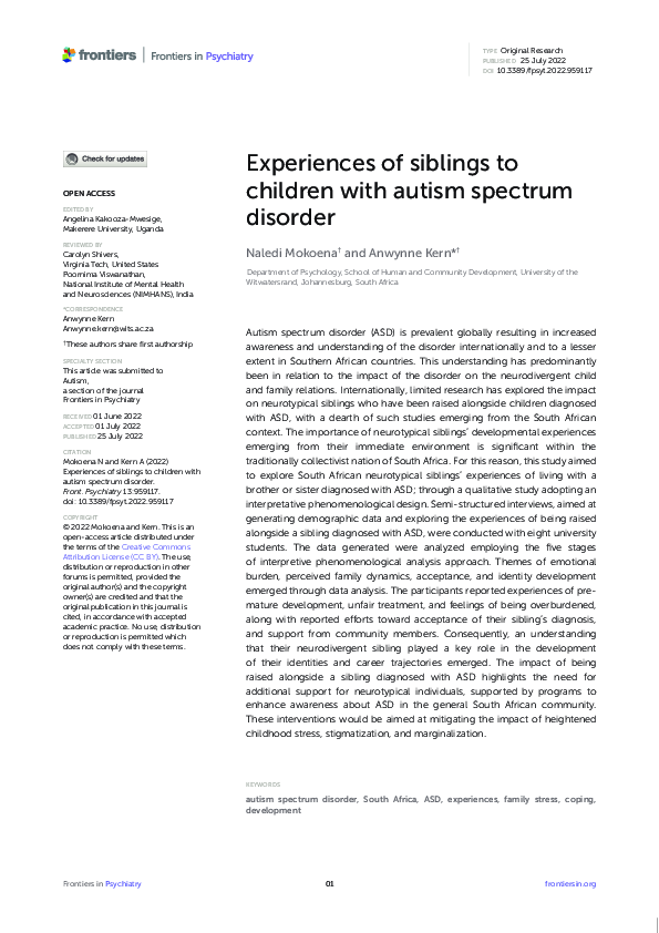 (PDF) Experiences of siblings to children with autism spectrum disorder