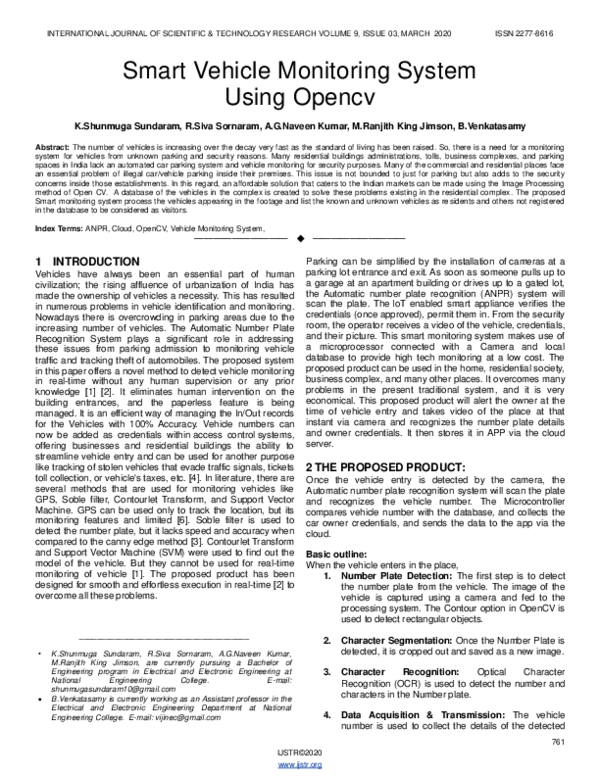 (PDF) Smart Vehicle Monitoring System Using Opencv Shunmuga Sundaram