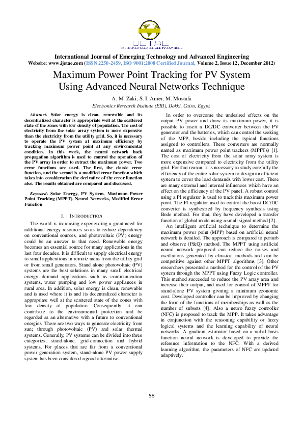 (PDF) Maximum Power Point Tracking for PV System Using Advanced Neural ...