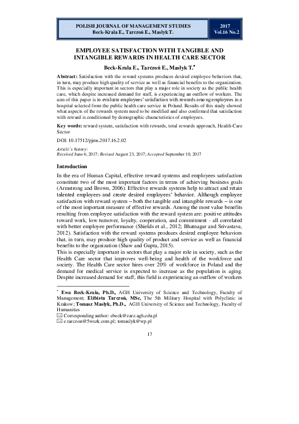 (PDF) Employee Satisfaction with Tangible and Intangible Rewards in ...