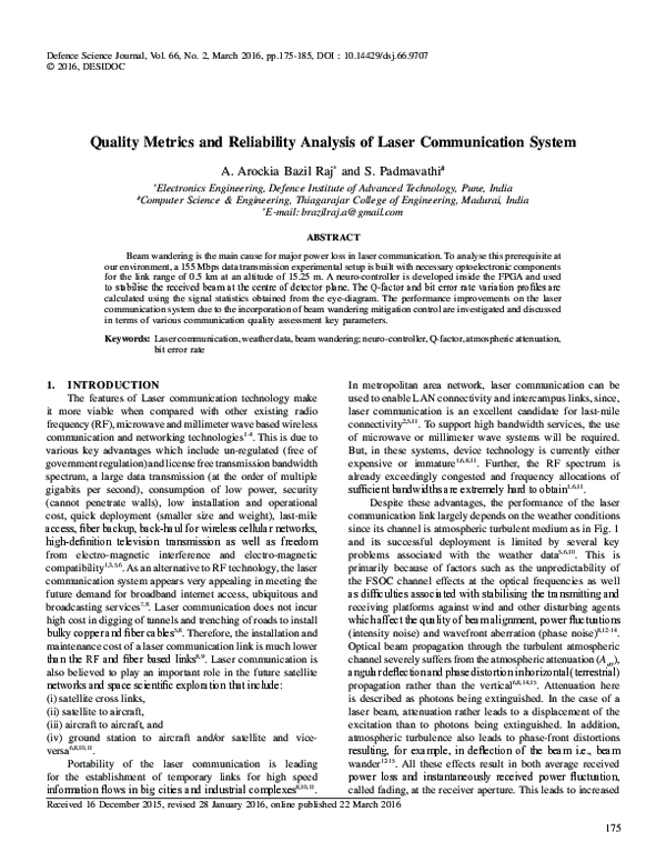 (PDF) Quality Metrics and Reliability Analysis of Laser Communication ...