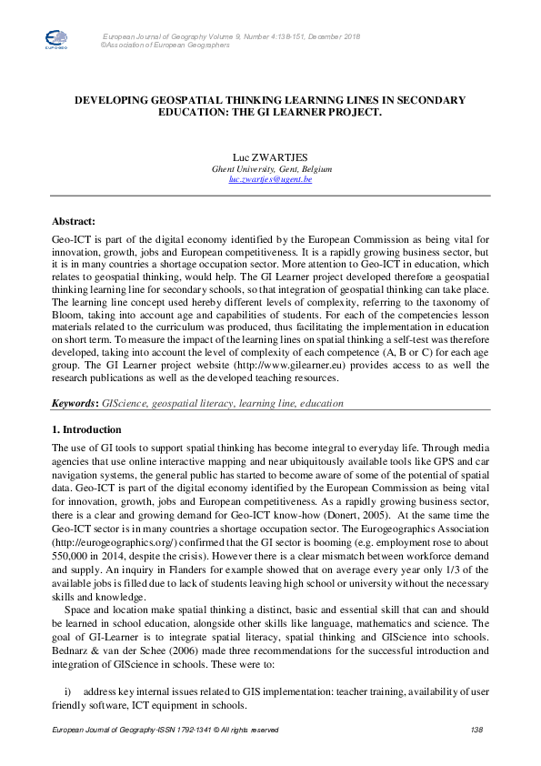 (PDF) Geospatial Thinking Learning Lines in Secondary Education: The GI ...