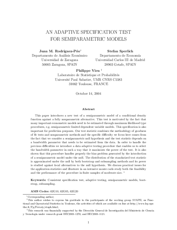 (PDF) An Adaptive Specification Test For Semiparametric Models
