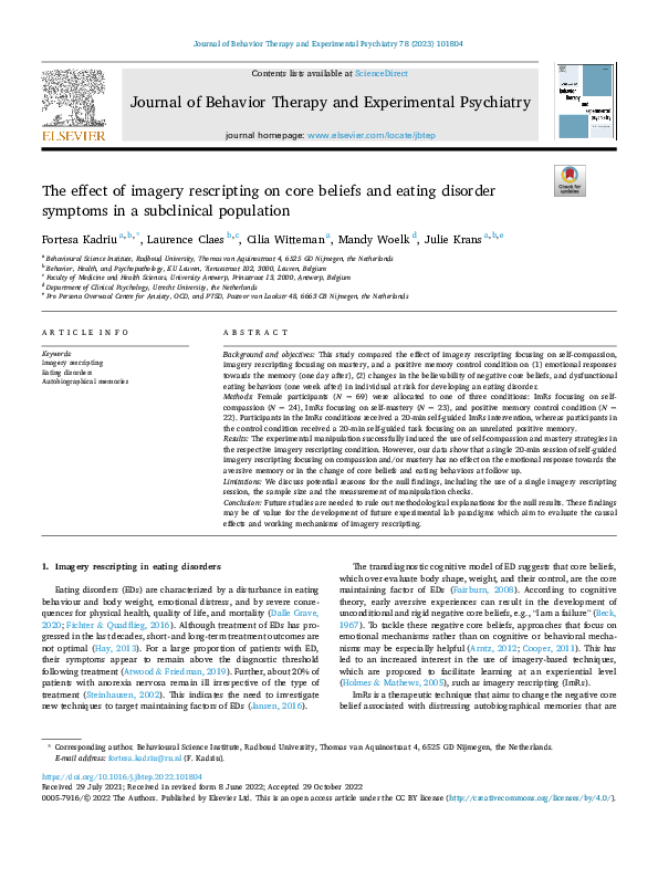 (PDF) The effect of imagery rescripting on core beliefs and eating ...