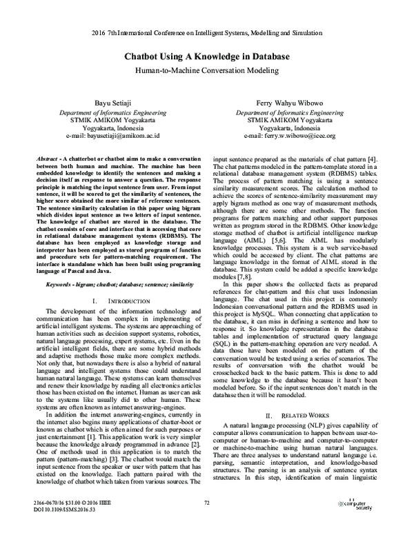 (PDF) Chatbot Using a Knowledge in Database: Human-to-Machine ...