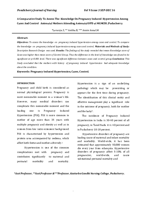 (PDF) A Comparative Study To Assess The Knowledge On Pregnancy Induced ...
