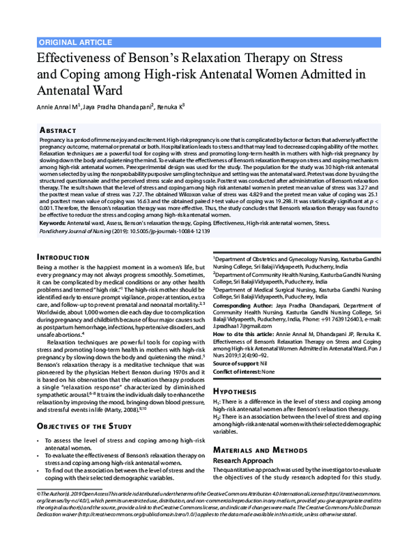 (PDF) Effectiveness of Benson's Relaxation Therapy on Stress and Coping ...