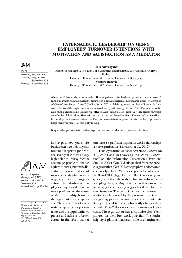 (PDF) Paternalistic Leadership on Gen-Y Employees’ Turnover Intentions ...