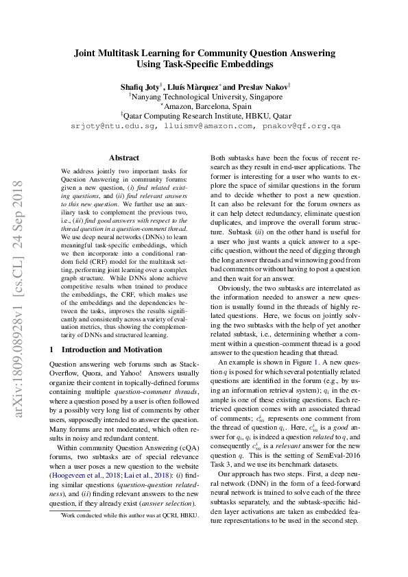 (PDF) Joint Multitask Learning for Community Question Answering Using ...