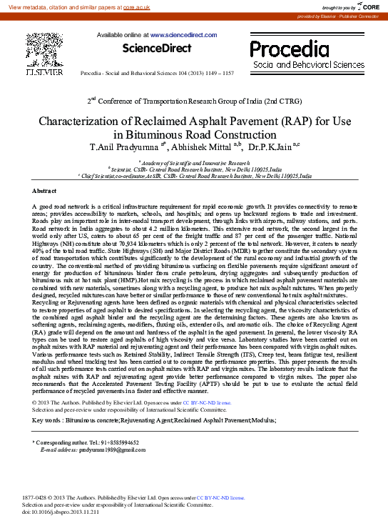 (PDF) Characterization of Reclaimed Asphalt Pavement (RAP) for Use in ...