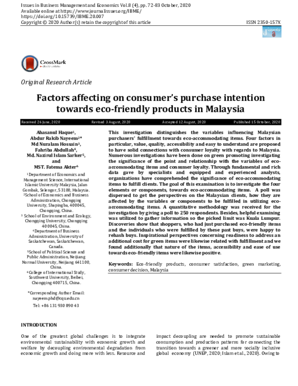 Pdf Factors Affecting On Consumer S Purchase Intention Towards Eco